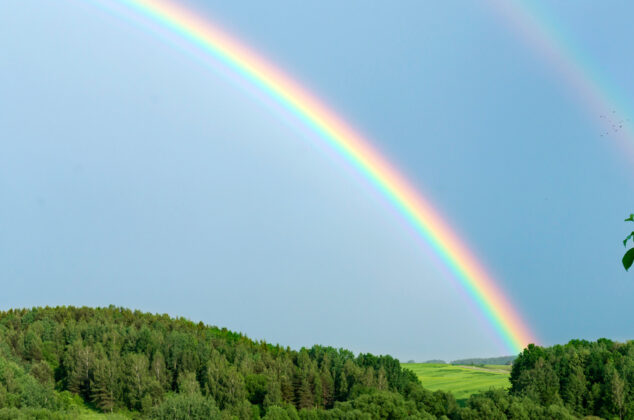 Double rainbow appearing in a cloudy sky over a forested landscape